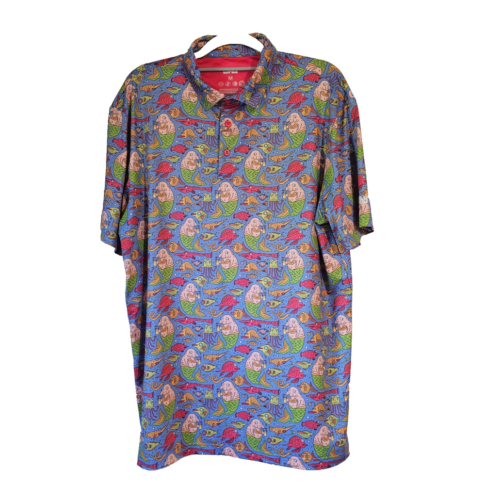 Loudmouth Golf Polo Shirt Mens Medium Manatee Fish Print Short Sleeve Fun
